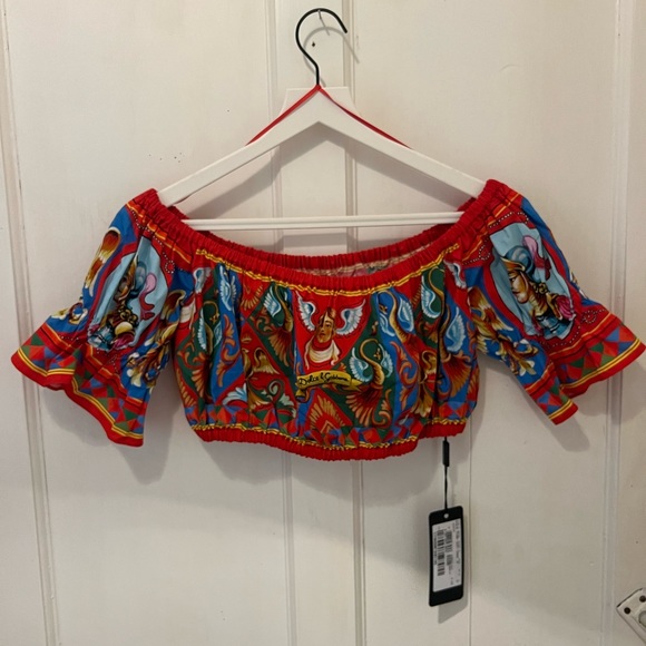 DOLCE & GABBANA CARRETTO PRINT OFF-SHOULDER COTTON CROP TO BRAND NEW TAGS ON - Picture 1 of 11
